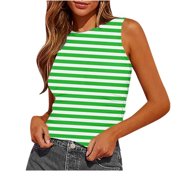 Qiopertar Women's Sleeveless Tank Tops Slim Fitted Racerback Crop Tops Casual Basic Ribbed Knit Blouses Side Ruched Stripe Printed Tees, Green XXL