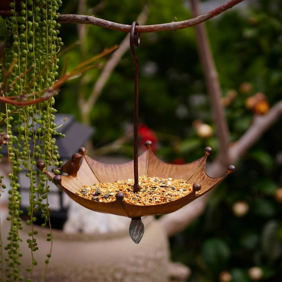 Fwttom Bird Feeders for Outdoors, Metal Hanging Umbrella Decorative Feeders, Wild Bird Feeder for Garden, Patio & Backyard, Brown