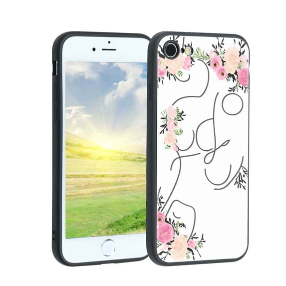 Compatible with iPhone SE 2020 Phone Case, Floral-initial-Flower-Black-Pink-Custom-44 Case Men Women, Flexible Silicone Shockproof Case for iPhone SE 2020