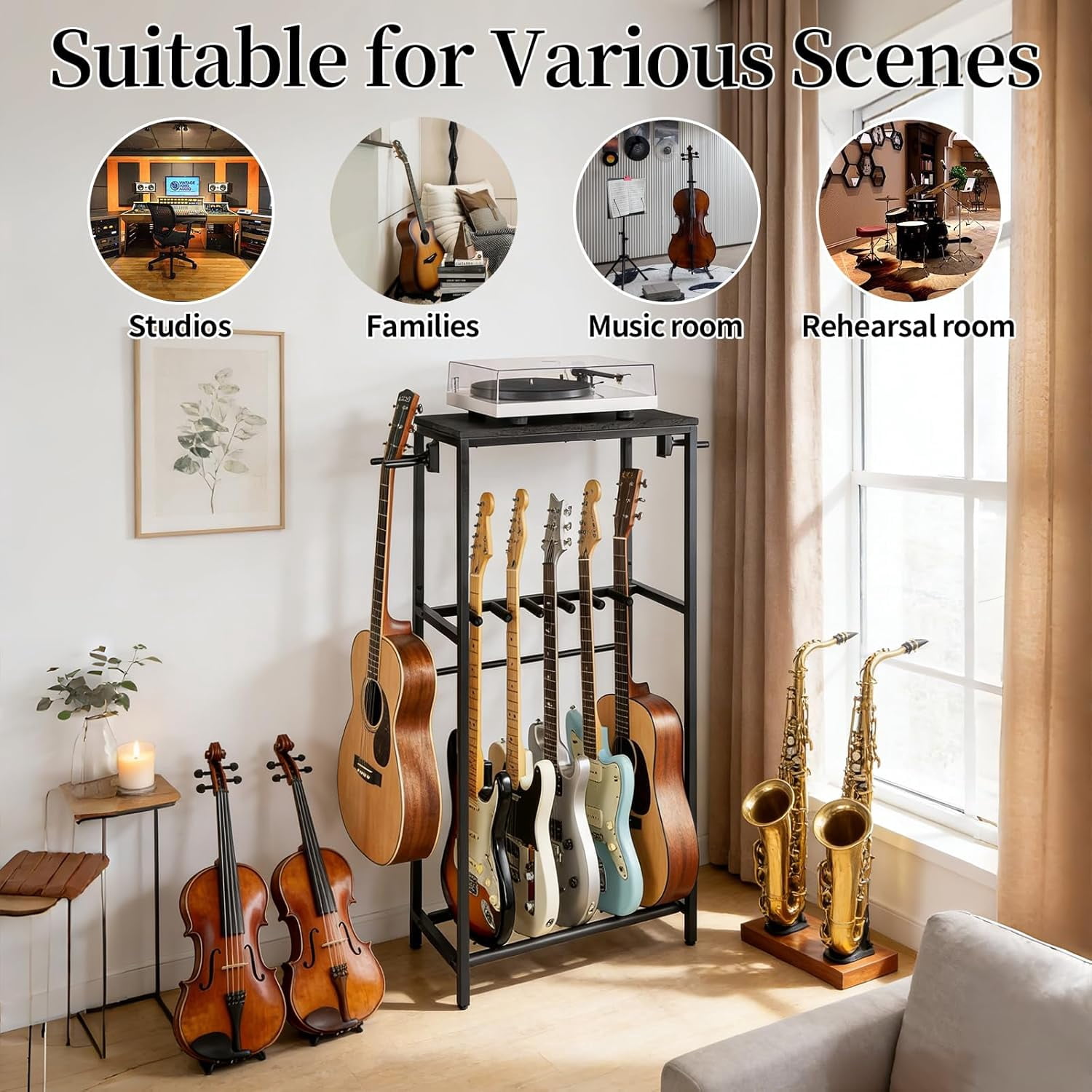 stusgo Multi Guitar Stand,Multiple Guitar Rack Holder for 7 Guitars,Guitars Display Rack with 2 Guitar Holders for Home,Stage,Studio, Black