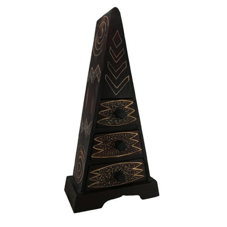 Hand Carved Primitive Wooden Pyramid 3 Drawer Jewelry Box