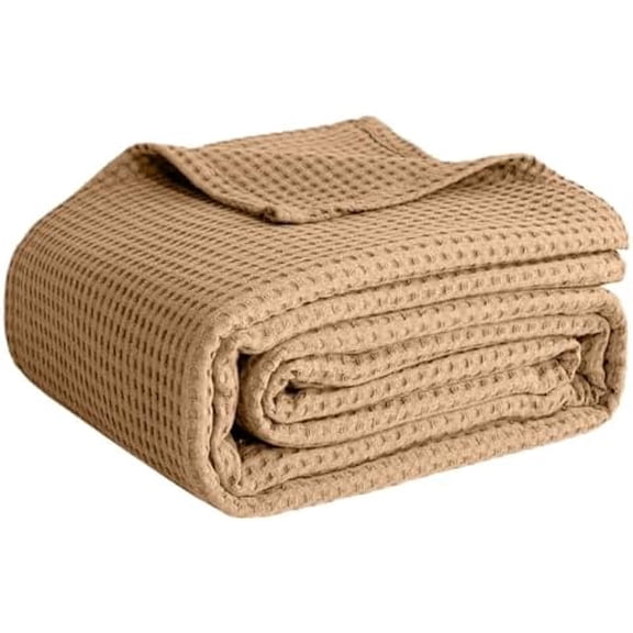 100% Cotton Blankets for Bed - Waffle Weave Blankets for Summer, Lightweight and Breathable Soft Woven Blanket for Spring (Beige, Throw (50" x 60"))