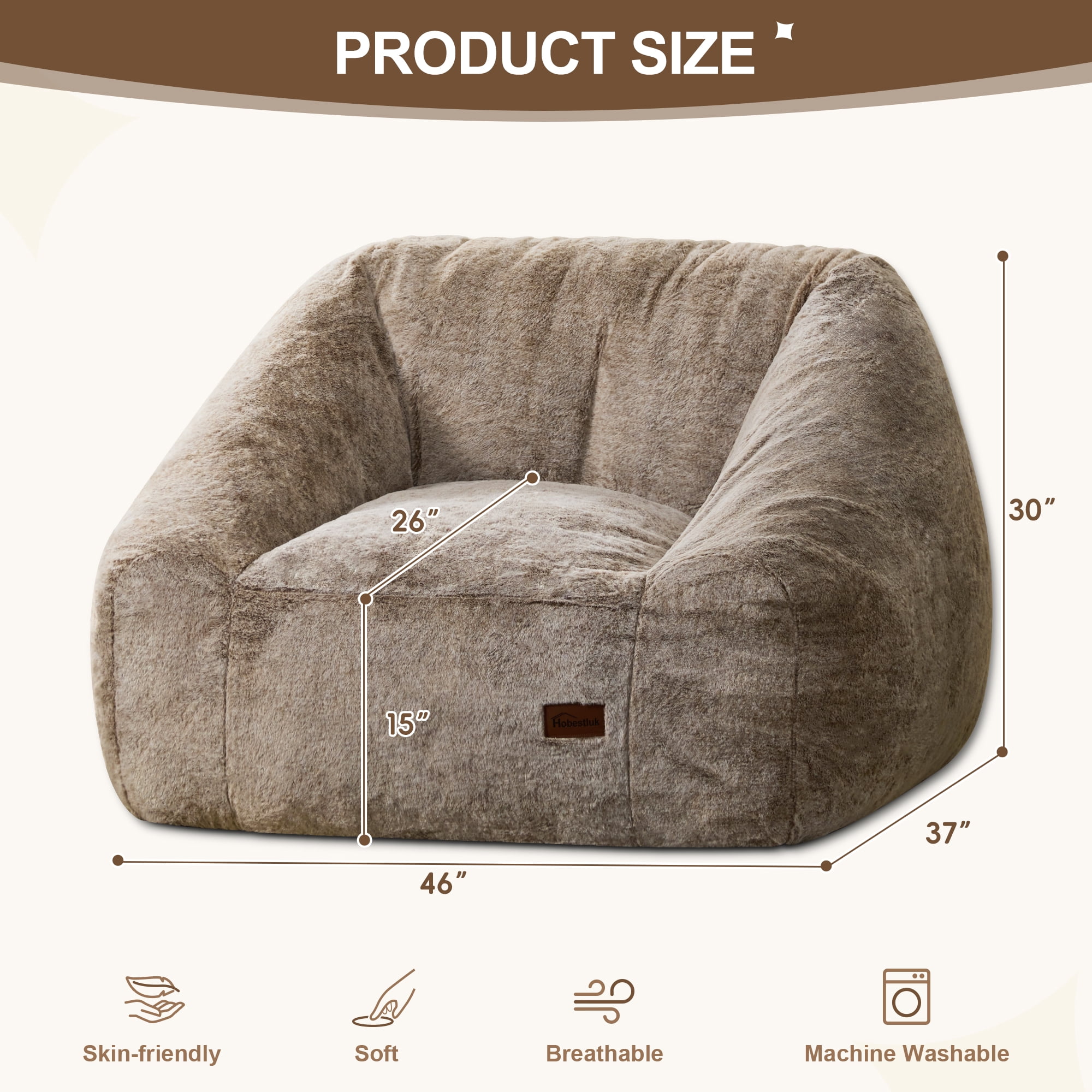 Hobestluk Oversized Bean Bag Chair for Adults with Filler, Large Cozy Reading Chair, Comfortable Lounge Chair for Living Room and Bedroom (Brown Two-Tone)