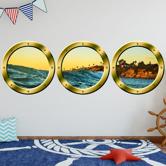 VWAQ Ship Window Ocean Wall Mural Decals - Boat Window Porthole Stickers - SPW12 (14" Diameter, Gold)