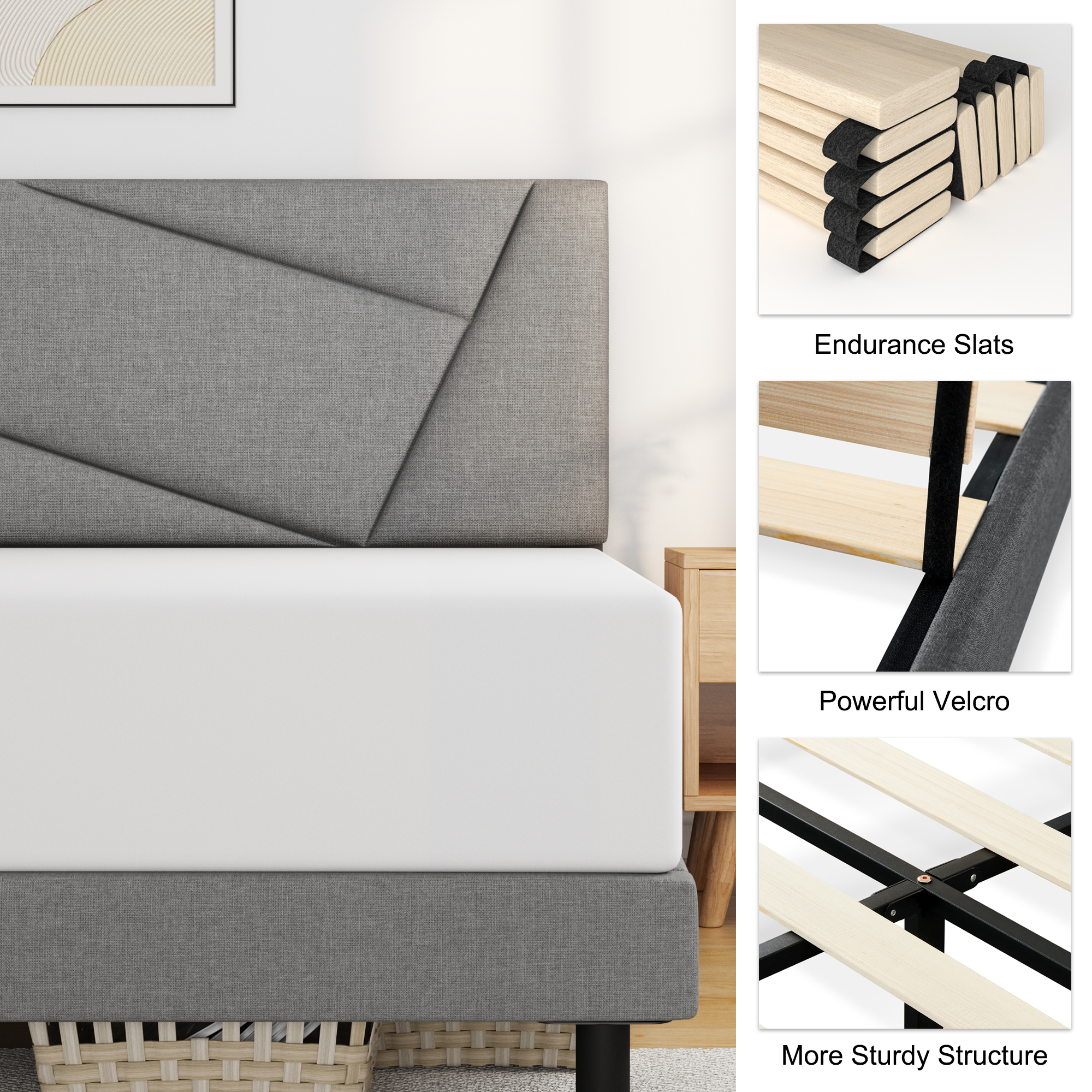 Full Bed Frame, HAIIDE Full Size Platform Bed Frame with Fabric Upholstered Headboard, Light Grey - image 4 of 7