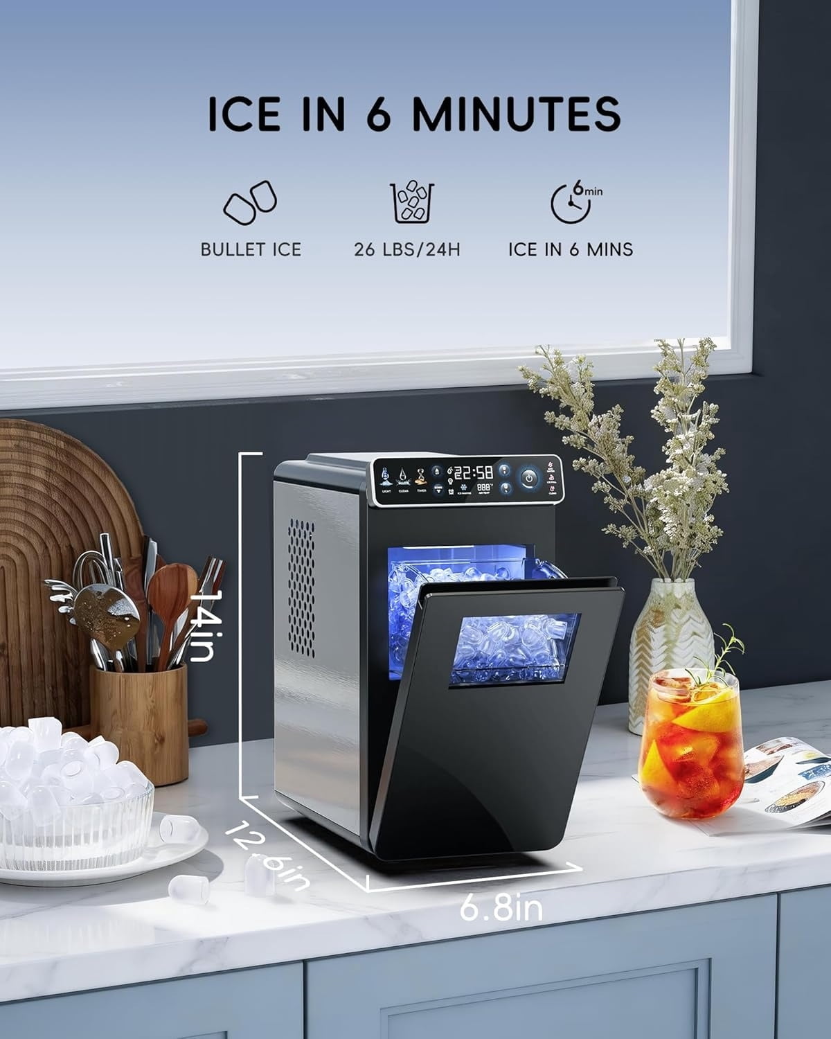 Ice Makers Countertop, Ultra Slim Design with Full-Color Panel, Internal Lights, 26 lbs/24H, Timer Ice Making, Two Ice Sizes, Portable Self-Cleaning Ice Machine for Home/Kitchen/RV