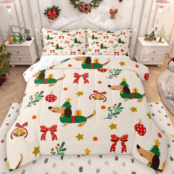 Manfei Cute Cartoon Dachshund Full Size Comforter Sets for Kid, Kawaii Christmas Dog Bedding Comforter Set, Retro Bow-tie Reversible Bedding Sets, Lightweight Room Decor, 3pcs