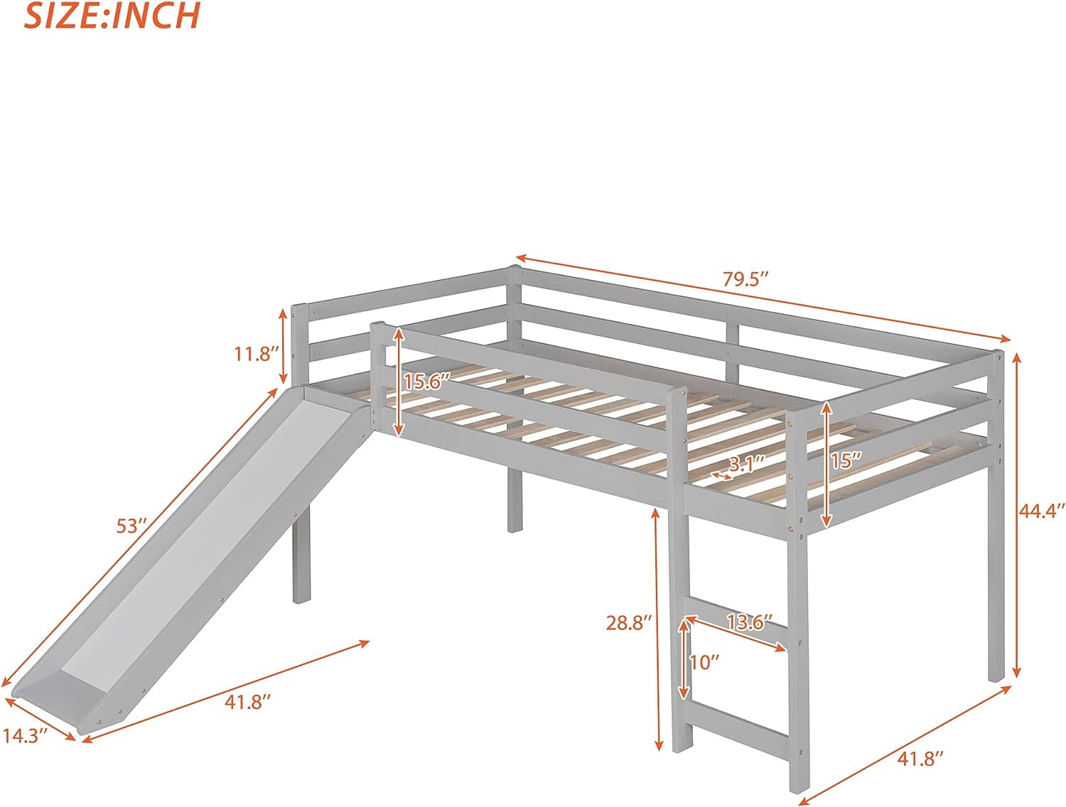 DEALTOPS Twin Size Junior Wood Loft Bed with Slide Loft Bunk Bed Frame for Girls Boys,No Box Spring Needed - Gray