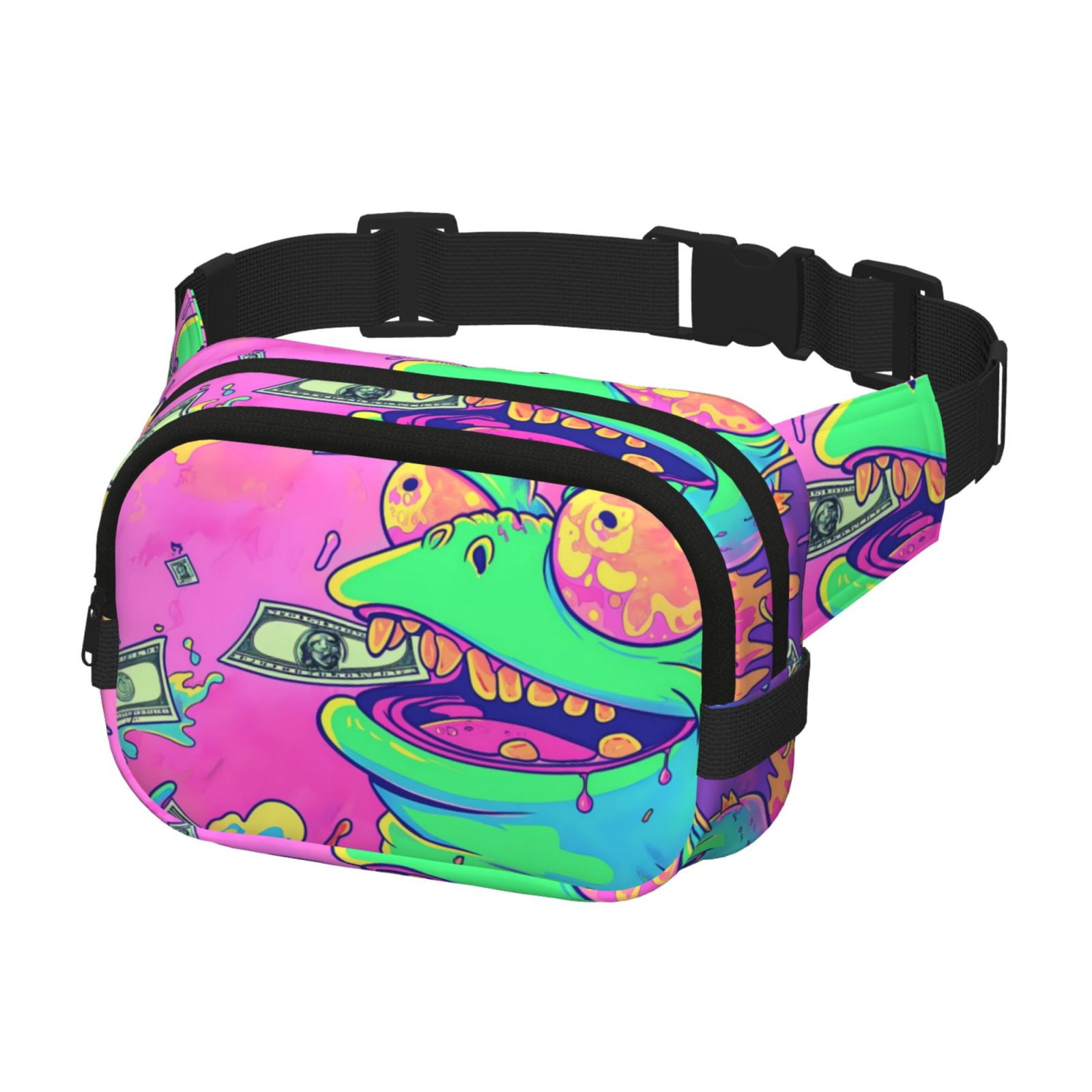 Picia Psychedelic Cartoon Frog Print Square Double-Layer Waist Bag Mini Adjustable Waist Belt Bag Exercise Running Travel Hiking