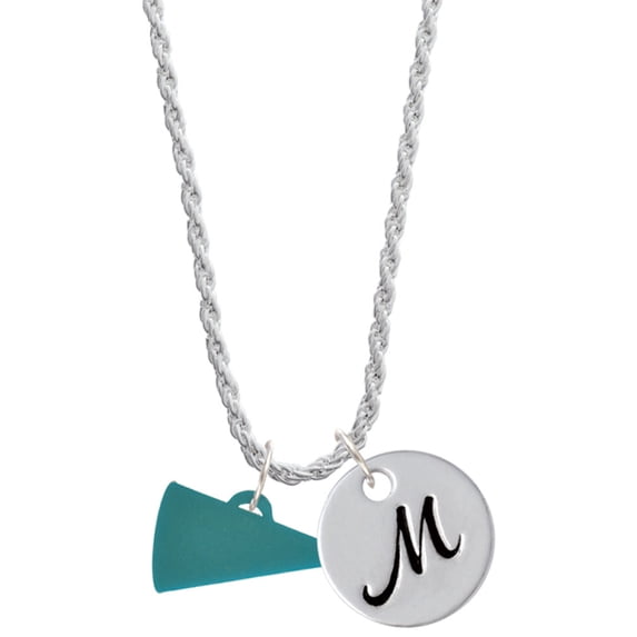Delight Jewelry Acrylic 3/4" Teal Megaphone Silvertone Script Initial Disc - M - Charm Necklace, 20"+3"