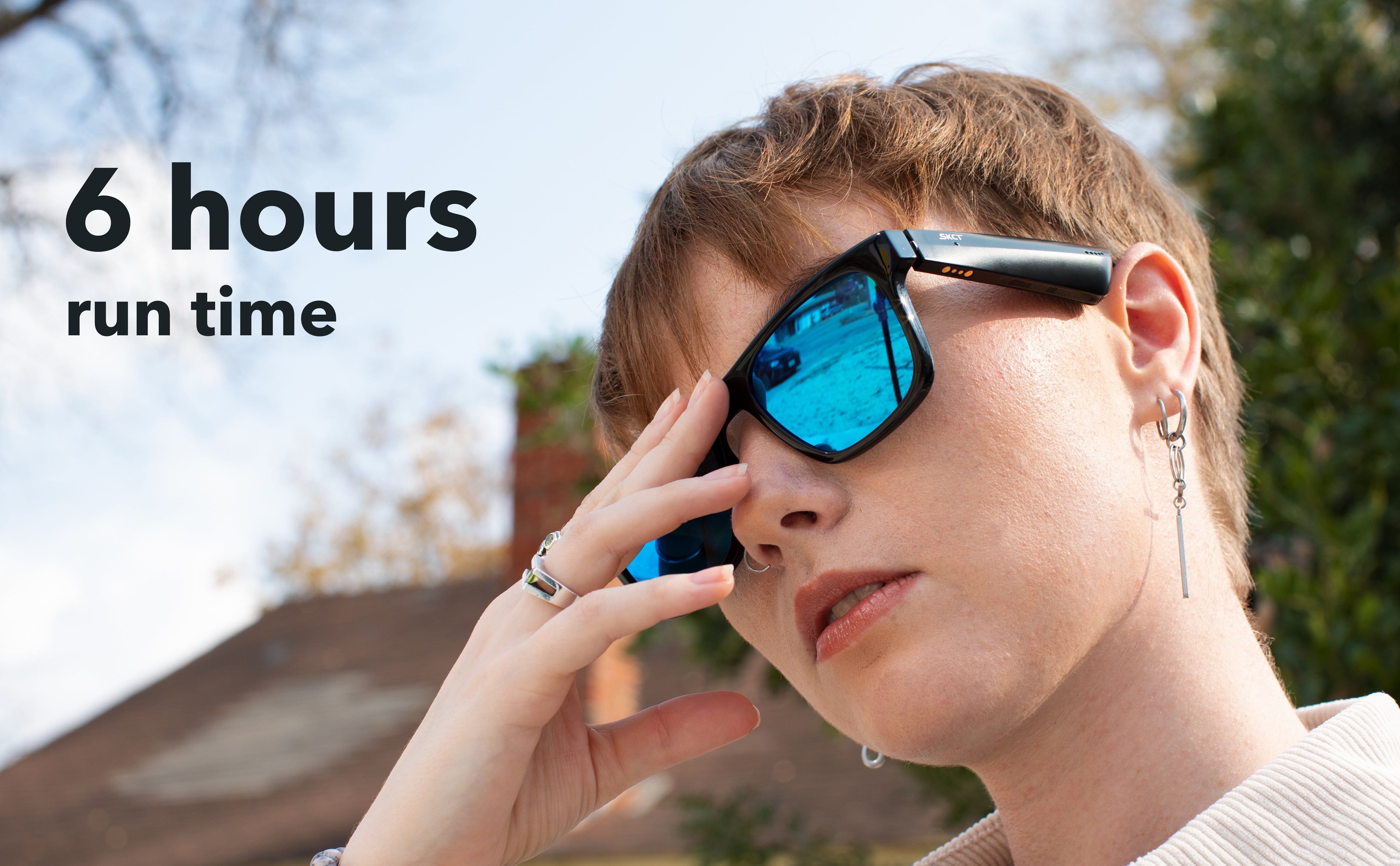 SKCT Smart Glasses, Bluetooth Sunglasses with Polarized lenses, Audio & Hands Free Calling, Open Air Audio, Auto On/Off, One Size, Black with Blue