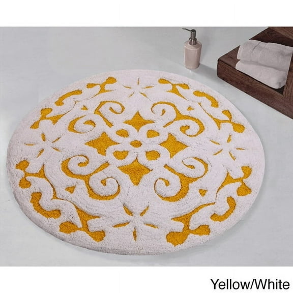 Saffron Fabs  Soft Cotton, Non-Skid, Damask Pattern, 200 GSF 36-inch Round Bath Rug Yellow
