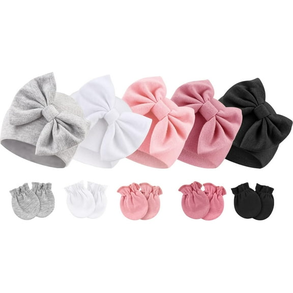 BQUBO Newborn Baby Girls Hats Mittens Set Hospital Hat Beanie Infant Bow Hats Baby Cotton Gloves No Scratch Mittens