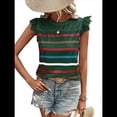 thumbnail image 2 of Camiseta de Verano con Cuello Redondo, Estampado de Rayas y Volantes de Encaje y Mangas para Mujer Verde Oscuro XL, 2 of 7