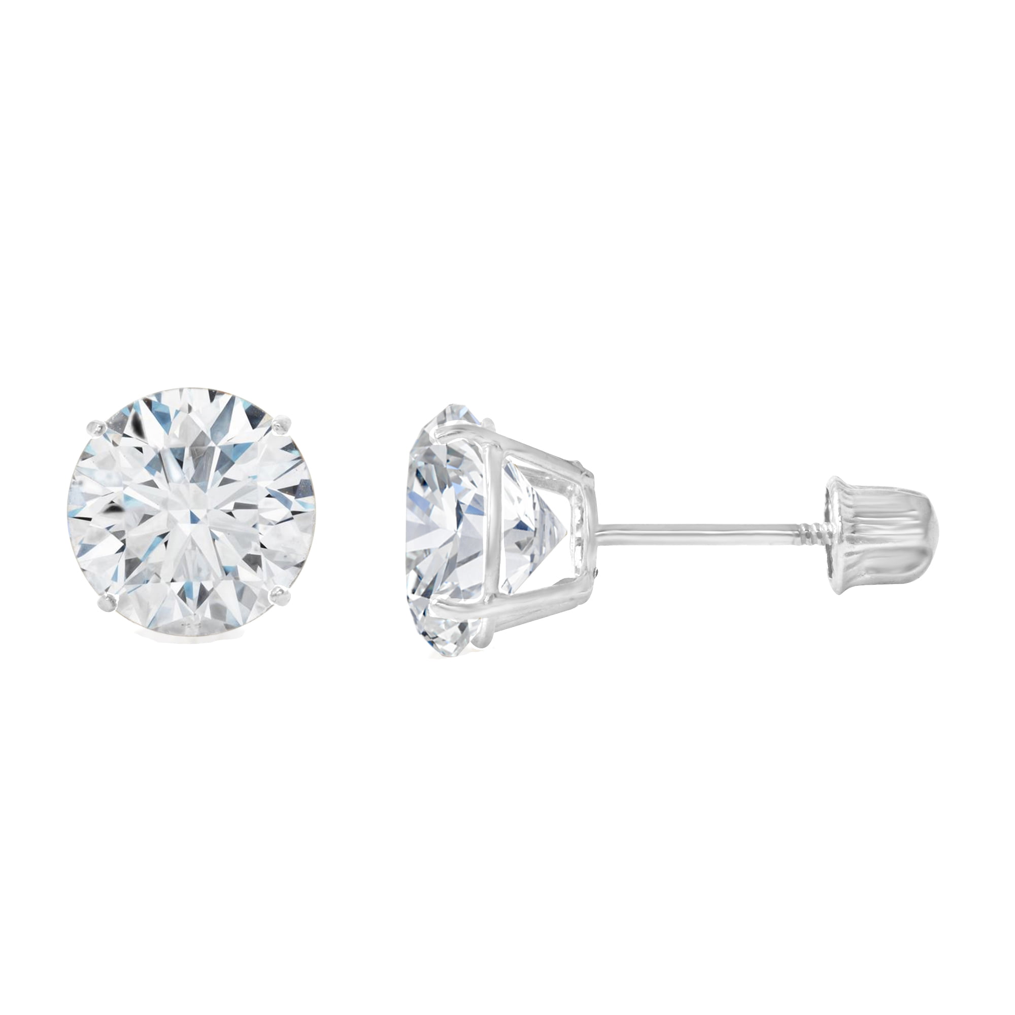 14K White Gold Round Solitaire Cubic Zirconia CZ Stud Screw Back