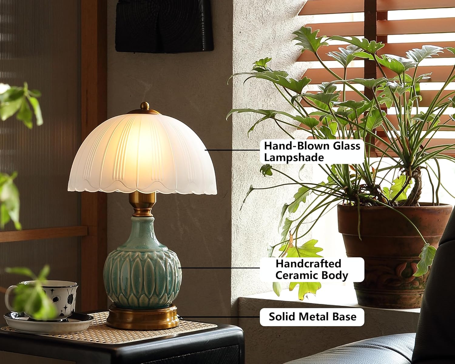 Vintage Lamp for Living Room,16" Modern Ceramic Table Lamps for Bedroom,Retro Bedside Nightstand Traditional Lamps, Classic Chinoiserie Green Lamp for Home Decor (LD002)