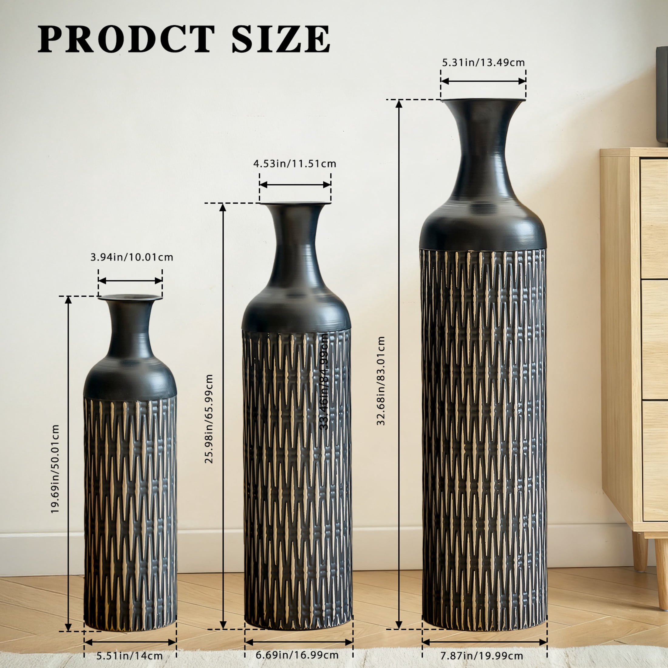 Noble House 3-Piece Metal Floor Vase Set, 32.68", 25.98", 19.69" Textured Decorative Vases, Black
