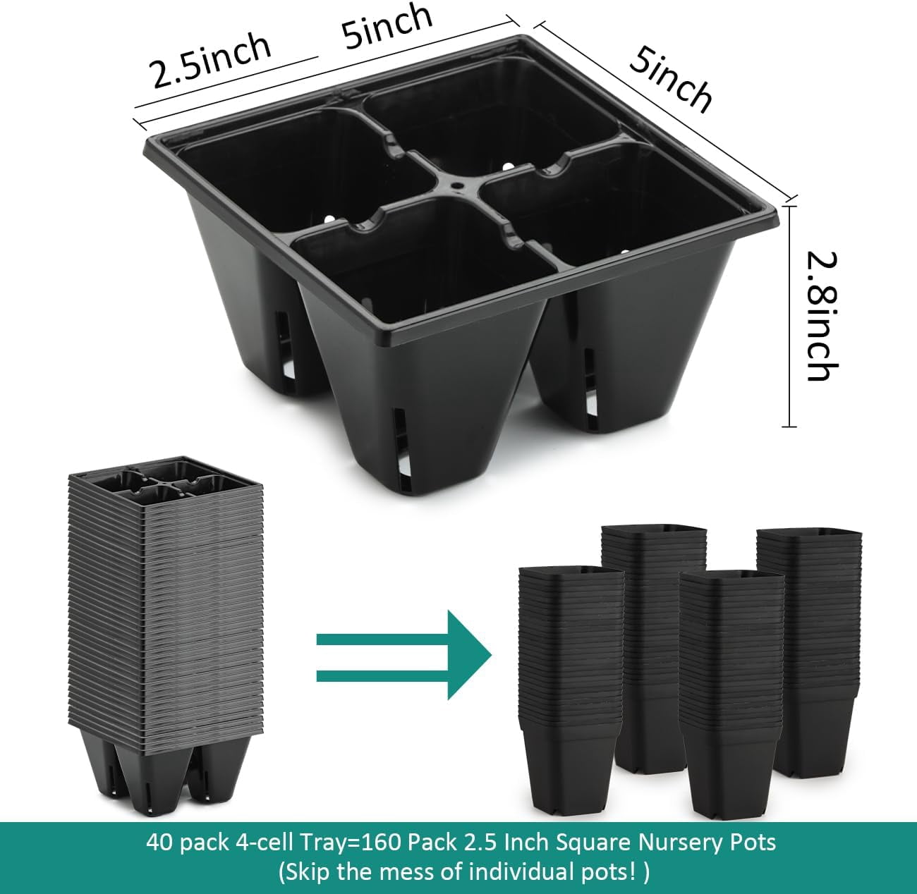 40 Pack Reusable 4-Cell Seed Starter Tray for Seedlings, Deep Large Cell Plant Starter Trays with Drainage Holes for Seed Germination, Easy Transplant, Fits Standard 1020 Flats, Black