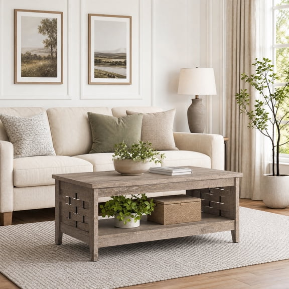 2-Tier Farmhouse Coffee Table with Open Shelf, Rectangular Center Table for Living Room, Oak