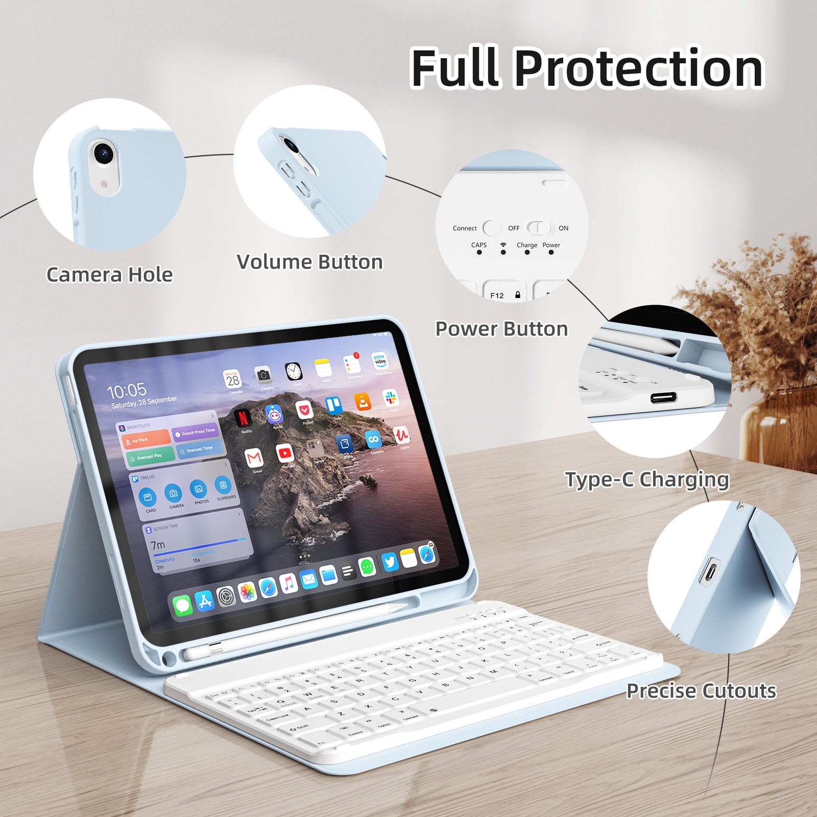GKABXY Magnetic Keyboard Case for iPad A16 11th /10th Generation 2025/2022 with Pencil Holder 10.9/11 Inch, Magnetic Detachable Wireless Bluetooth Multi-Angle Stand Rechargeable Keyboard Case, Blue