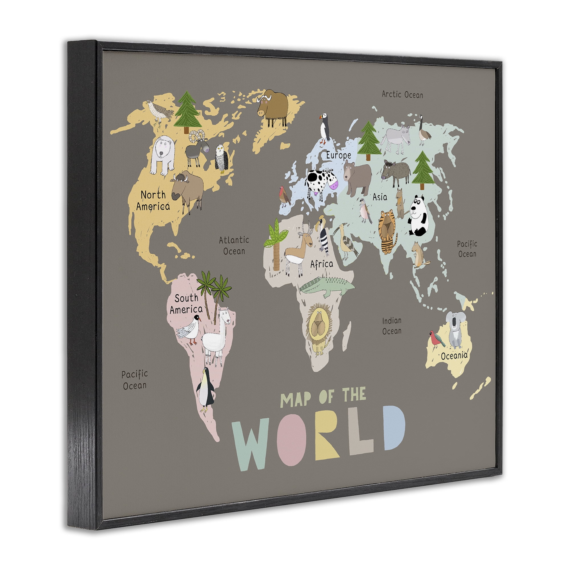Kid's Map Of World Brown Black Framed Giclee Art, design by Carla Daly