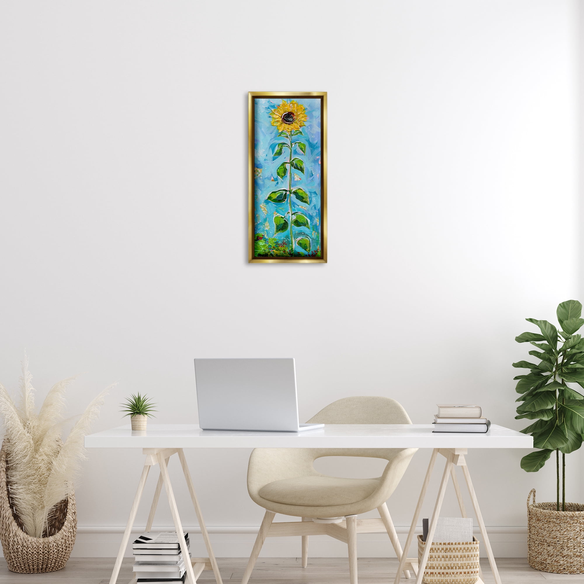Stupell Industries Tall Looming Sunflower Plants & Flowers Painting Gold Floater Framed Canvas Art Print Wall Art, 11 x 25