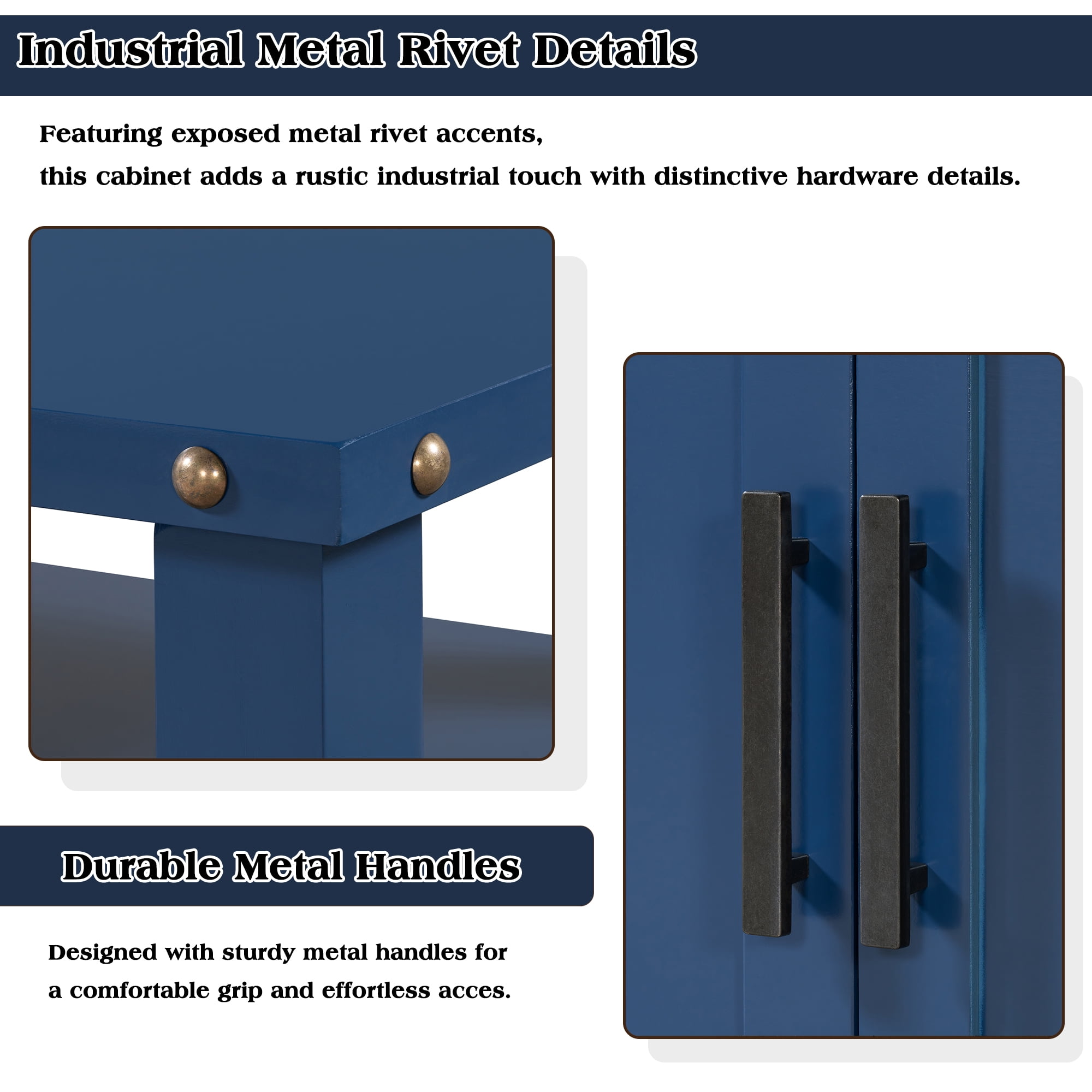 Euroco Sideboard Buffet Cabinet with 3 Doors, 55" Storage Cabinet with Metal Handles and Metal Rivets Design,Coffee Bar for Kitchen Living Room,Entryway,Navy Blue