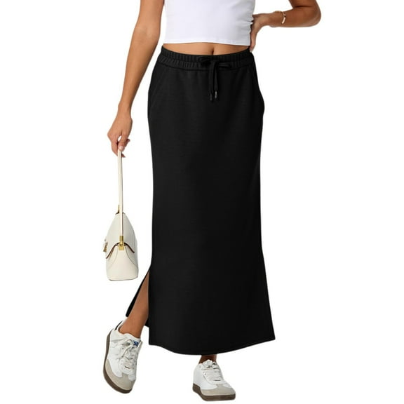 Women's Casual Maxi Skirts High Waist Trendy Drawstring Side Slit Skirt with Pockets, Sporty Cargo Style for Active Wear,Black,L