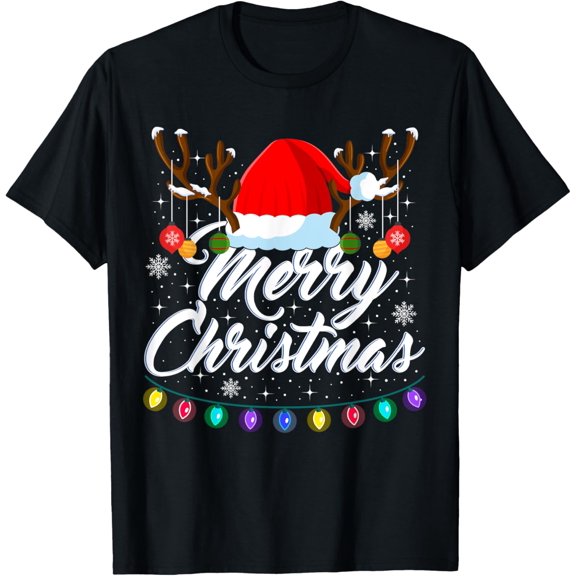 Premium model-Unisex-100% cotton-Merry Christmas Red Santa Hat Reindeer Xmas Matching Family T-Shirt
