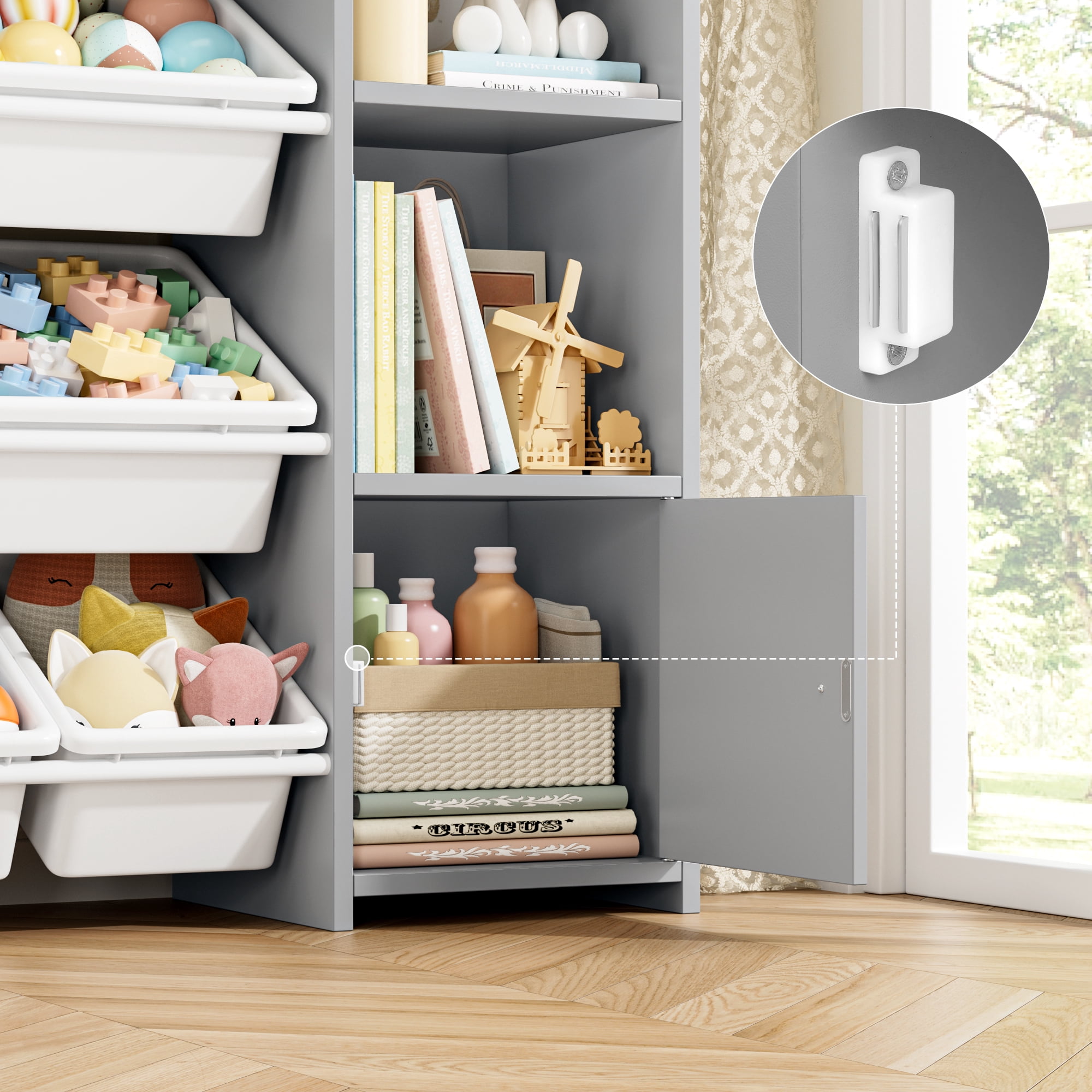 Homfa Kids Toy Organization Cubby Bookcase with 8 Bin, 2 Door Gray Storage Organizer Bookshelf for Children Room Playroom