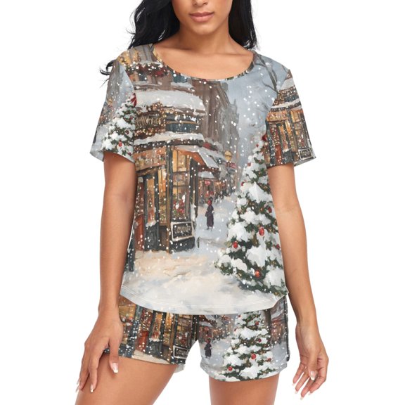 joogoo Women's Pajama Set Snow on Christmas Tree Short Sleepwear Loungewear with Pockets M