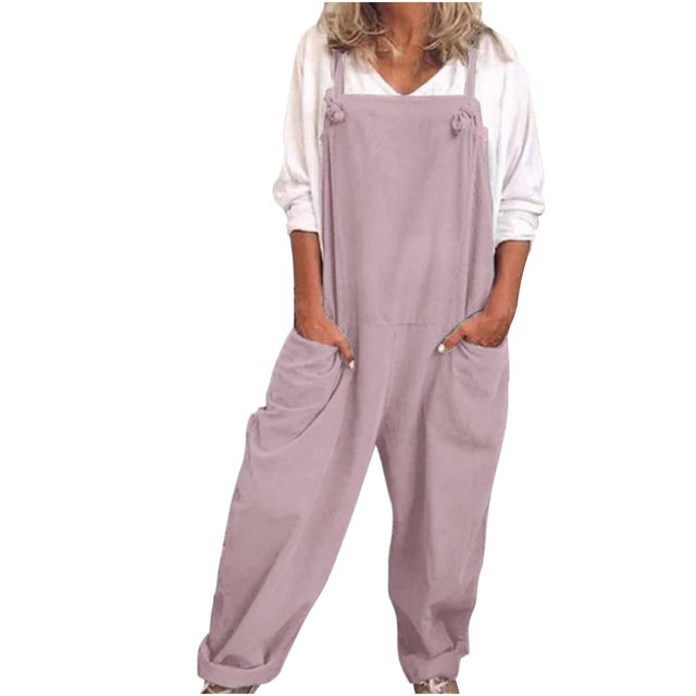 Cotton Linen Jumpsuits for Women Casual Baggy Wide Leg Rompers Plus Size Adjustable Bib Overalls with Pockets