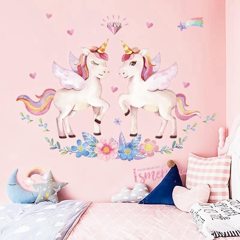 Fany Unicorn Wall Stickers, Removable Unicorn Wall Decals with Hearts
