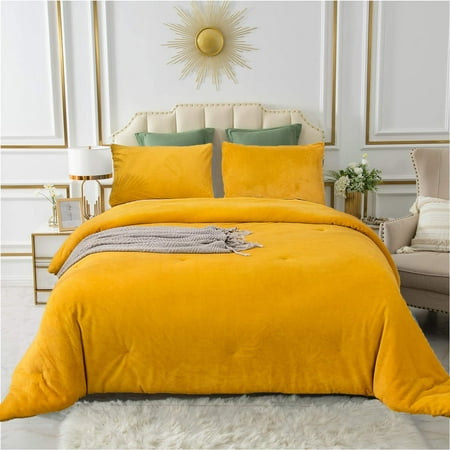 WEIS Mustard Velvet Comforter Set Queen Solid Plush Flannel Dark Yellow ...