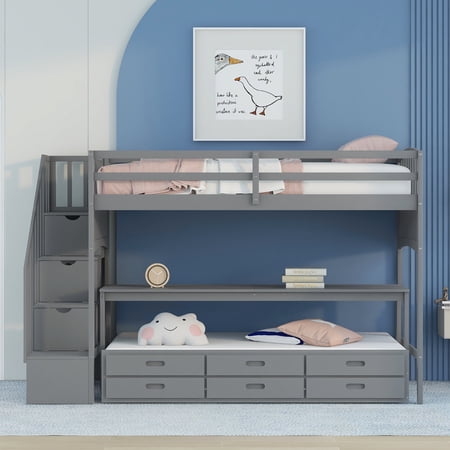 Stairway Twin XL Solid Wood Loft Bed with Desk  Multifunctional Loft Bed with Trundle and 3 Drawers  Wooden Loft Bed with Storage  Kids Loft Bed  No Box Spring Needed(Gray)