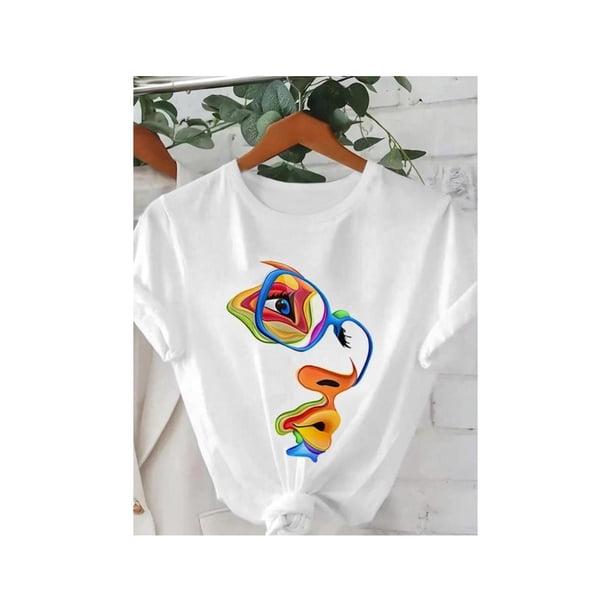 Women's Colorful abstract Face Print Round Neck Tee, Fashion Casual Short Sleeve T-shirt for Daily Wear, Ladies Summer Clothes, Womenswear, Graphic Tees Women, Funny Graphic Tees