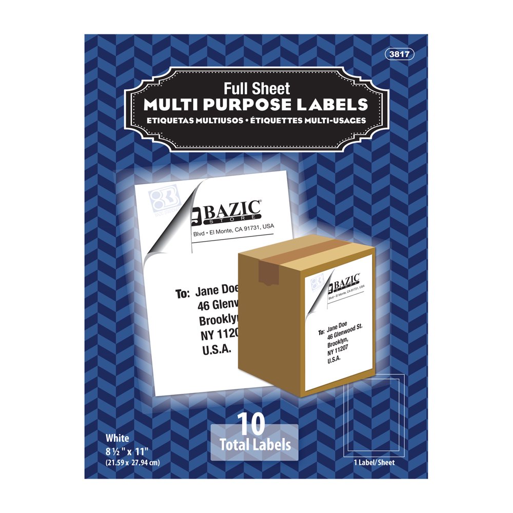 BAZIC All Purpose Labels White Label, 8.5" x 11" Full Sheet Self