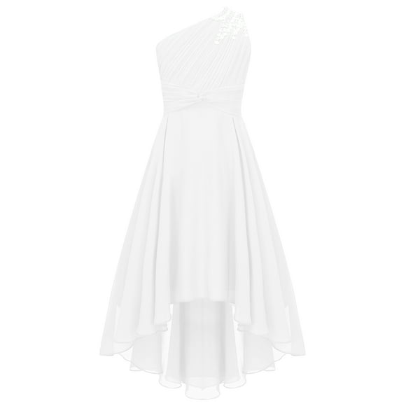 Raenseen Kids Flower Girls Dress for Wedding Junior Bridesmaid Ruched One Shoulder Party High Low Prom Gown Ivory 10