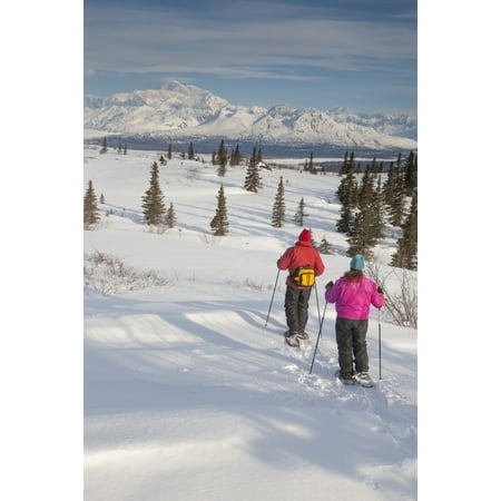 Couple Recreational Snowshoeing In Denali State Park With The Alaska Range And Mt Mckinley In The Background Southcentral Alaska Spring Poster Print by Jeff Schultz  Design