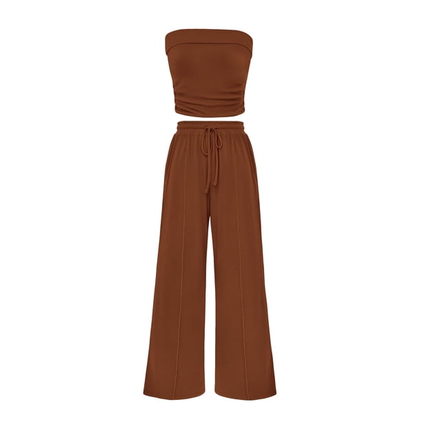 Conjunto de Dos Piezas para Mujer PRETTYGARDEN en Tejido Acanalado Marrón XS
