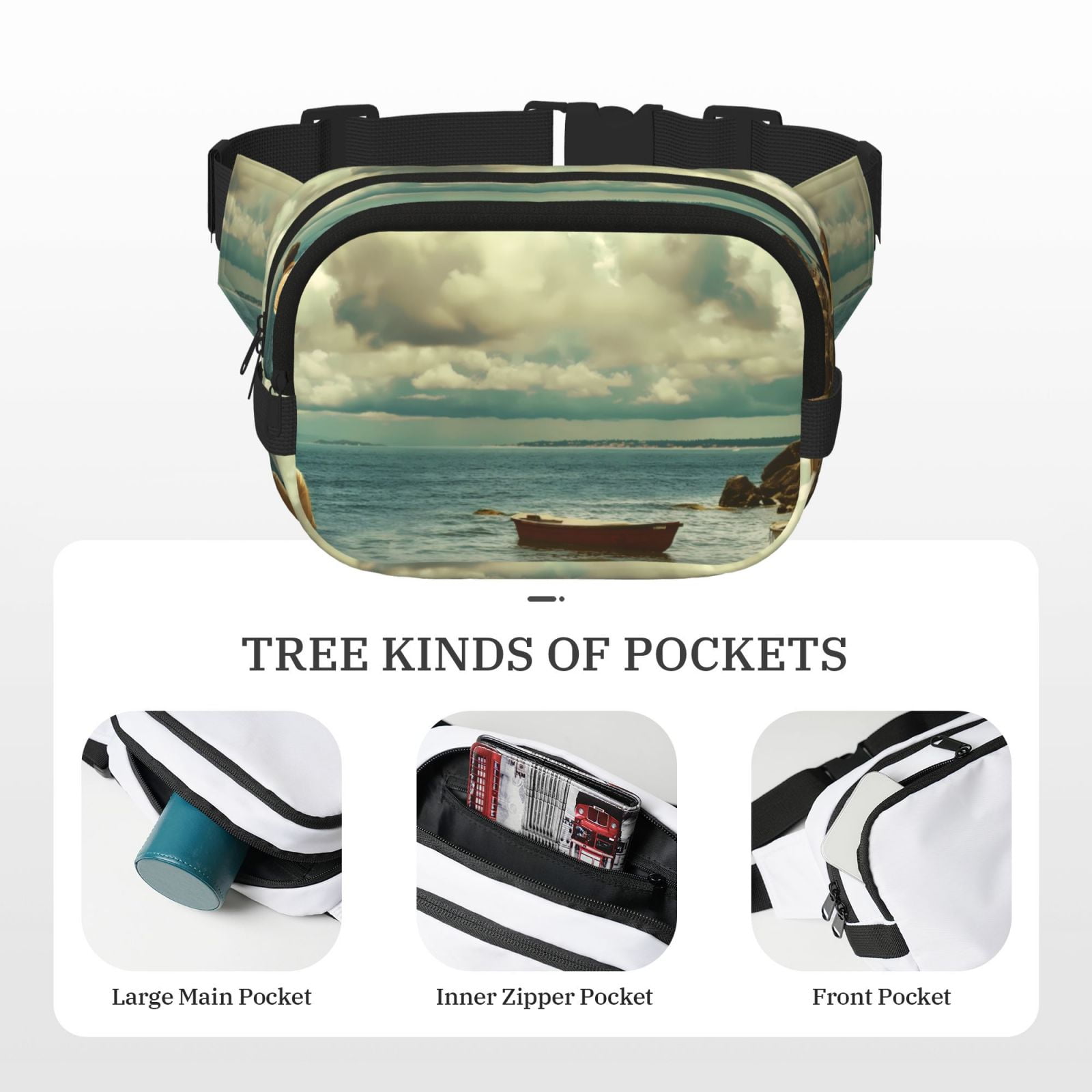 Picia Serene Coastal Blue Sky Print Square Double-Layer Waist Bag Mini Adjustable Waist Belt Bag Exercise Running Travel Hiking
