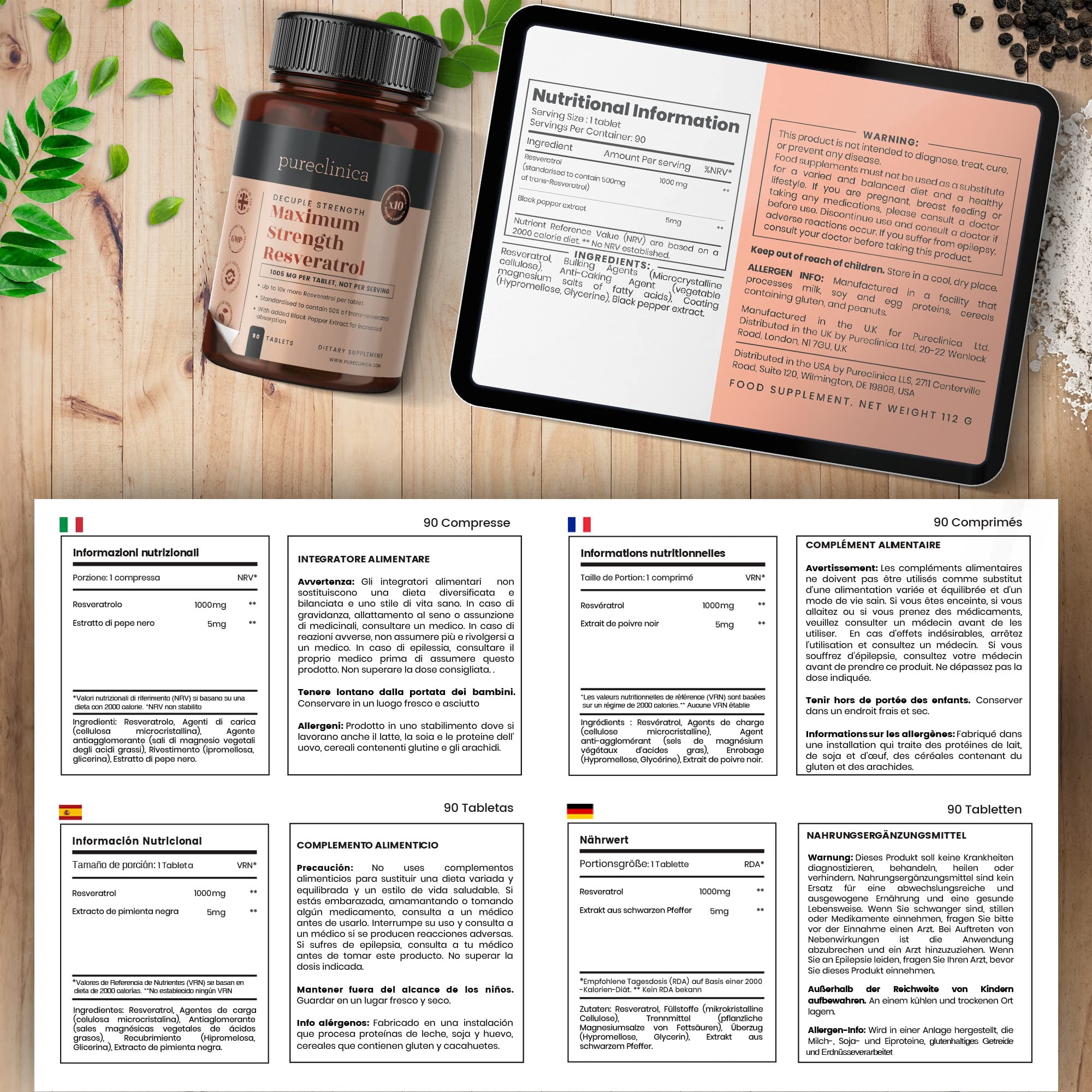 1000mg Resveratrol x 90 Tablets (3 Months Supply). 10 x Strength with Black Pepper Extract for Faster Absorption