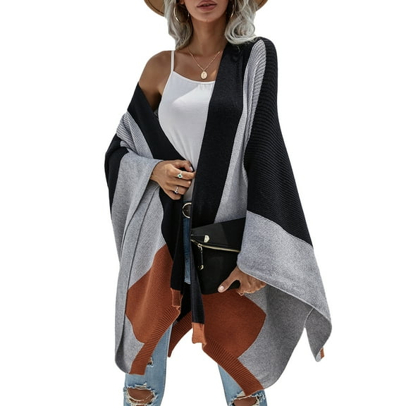 Long Batwing Sleeve Knitted Cardigan Loose Color Blocking Plaid Oversized Open Front Sweater for Women Female Black S