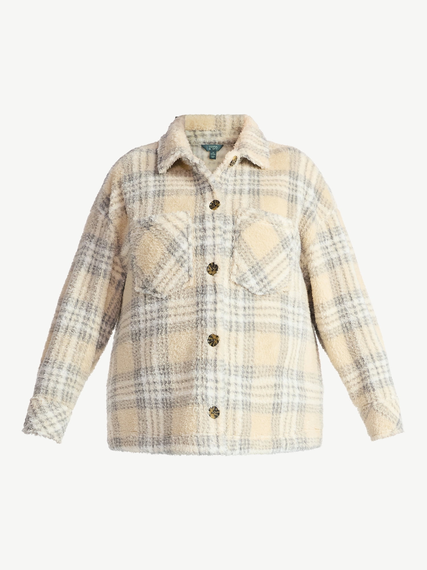 Terra & Sky Women's Plus Size Cozy Button Front Shacket with Long Sleeves, Sizes 0X-5X