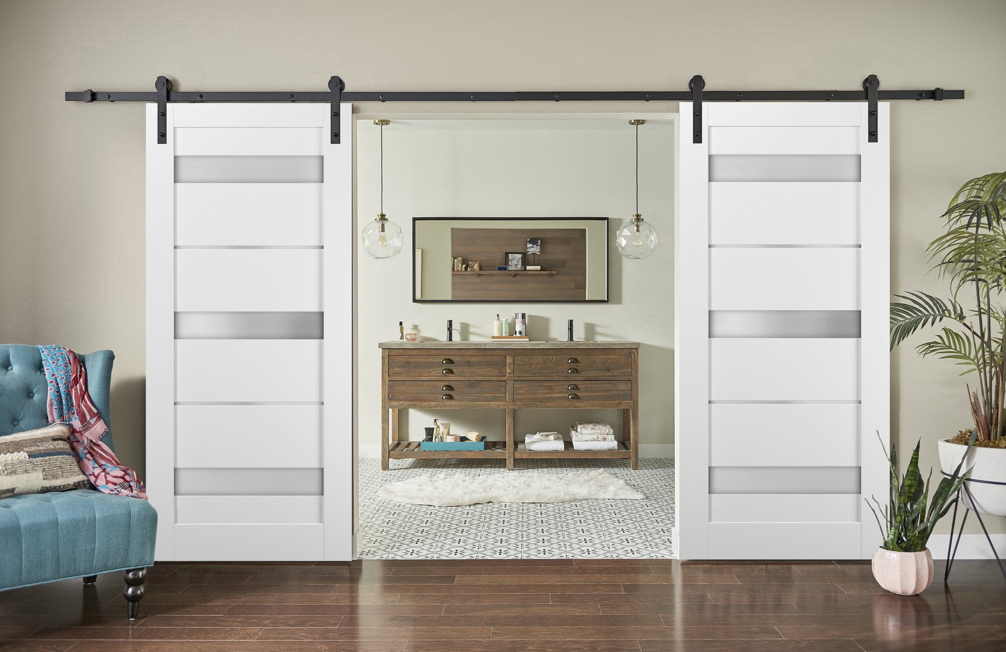 Top Mount 13FT Rail Sturdy Set Quadro 4055 White Silk with Frosted Opaque Glass Kitchen Lite Wooden Solid Panel Interior Bedroom Bathroom Door Sliding Double Barn Doors 36 x 80 with Hardware