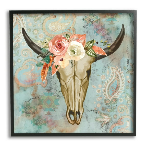 Stupell Southwestern Paisley Animal Skull Animals & Insects Painting Black Framed Art Print Wall Art