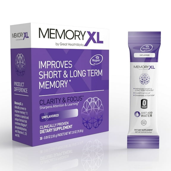 MemoryXL, Magnesium L-Threonate: Brain Supplement for Memory & Focus; Magtein®, Phosphatidylserine, Vitamin Mix. Improves Memory Focus Attention Learning & Logic. 0 Sugar, 0 cal, 30pk Unflavored
