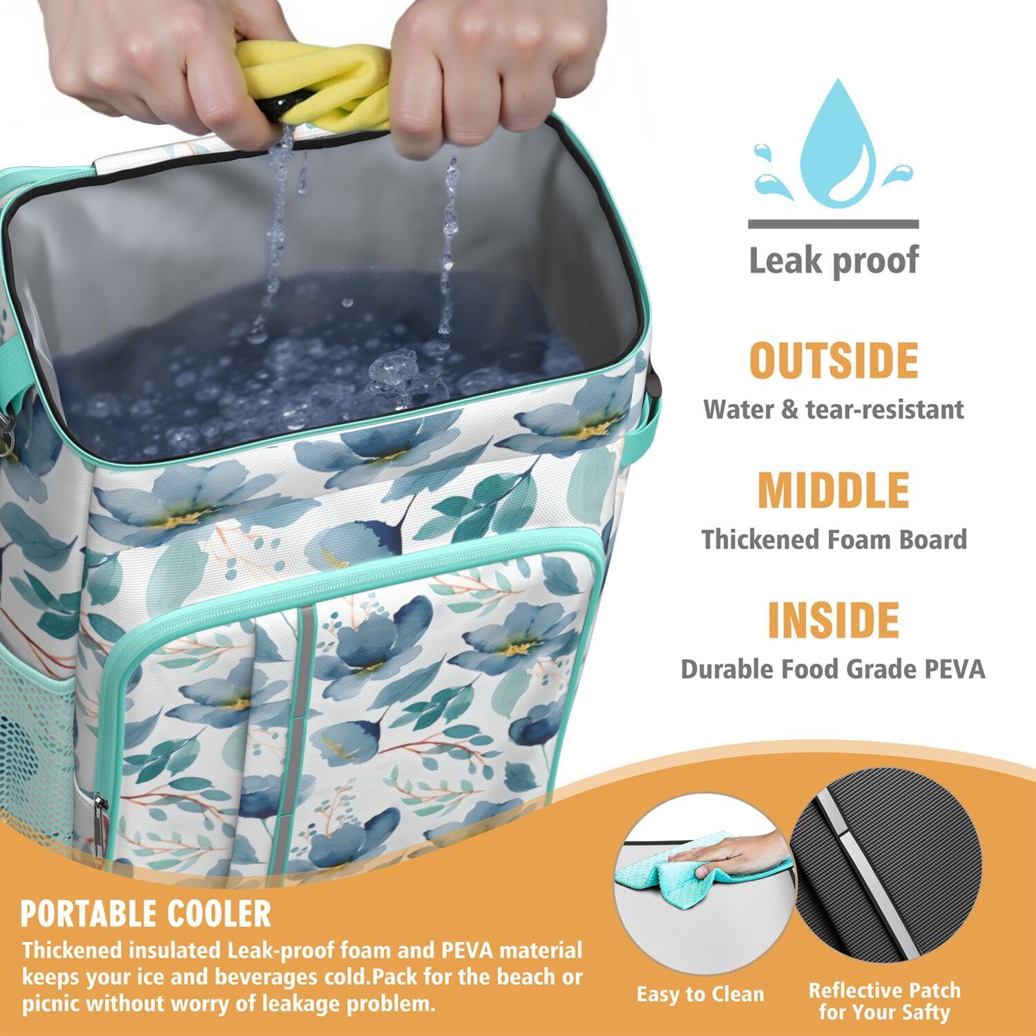 Travel Cooler Bag - Pioneer Flower Floral Print Pattern Camping Beer Cooler Backpack with Bottle Opener- Waterproof Insulated Picnic Backpacks - Cooler Bag for Beach