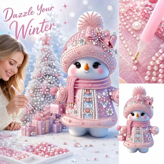 Snowman DIY 5D Pearl Diamond Painting Kit, Sparkling Rhinestone Shaped Gem Art Craft for Home Decor, Pink Festive Decorative Material Pack