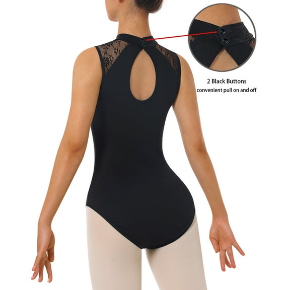 Women's Flower Lace Sleeveless Turtleneck Ballet Dance Leotard for Adult Dance with Water-Drop Hollow Back and Soft Front Lining